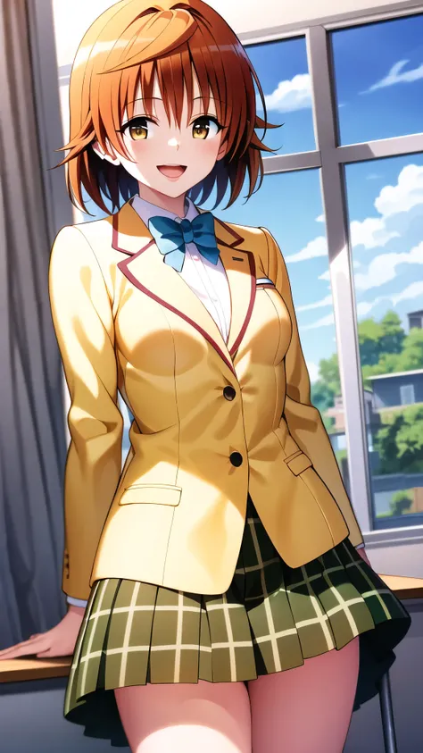 masterpiece, best quality, highres, aariko, short hair, brown eyes, school uniform, blue bowtie, blazer, yellow jacket, long sleeves, plaid skirt, green skirt, standing, arms behind back,cowboy shot, smile, open mouth ,glossy lips, classroom ,from front
