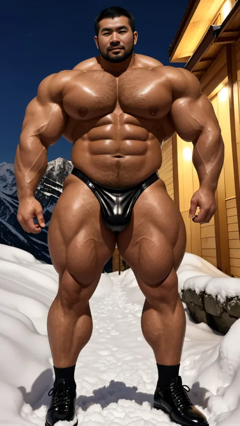 A man from Xinjiang ，35 years old，Tall and handsome， short hair, O-Shaped Beard，perfect body, dark, oily skin，Oily and bright muscles， black skin，Muscular， very large pectoral muscles， very sexy abs ，Leg muscular，Brightens oily skin，wear black shiny leathe...