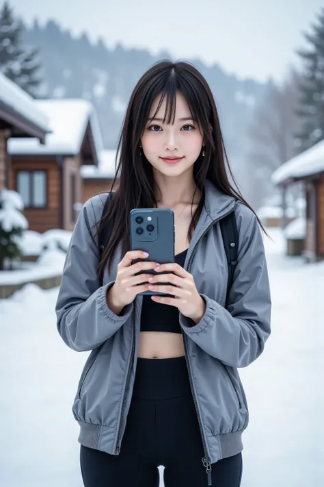 A realistic Galaxy smartphone selfie of an amateur Japanese woman, framed in a close-up zoom angle focusing on her upper body and face (from chest to above the head), taken in a snowy Hokkaido mountain village with blurred snow-covered trees and cabins in ...