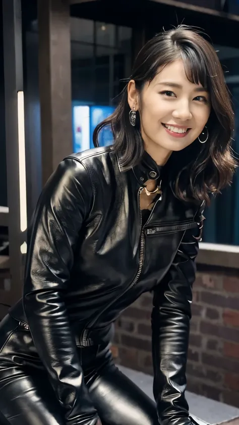 ( Shiny black leather rider's jacket:1.4), Dark room office, Black leather gloves on the fingertips of both hands,Wearing black leather gloves,Sitting in a black leather chair、 Japanese new female ( black leather gloves covering both hands :1.4) (long leat...