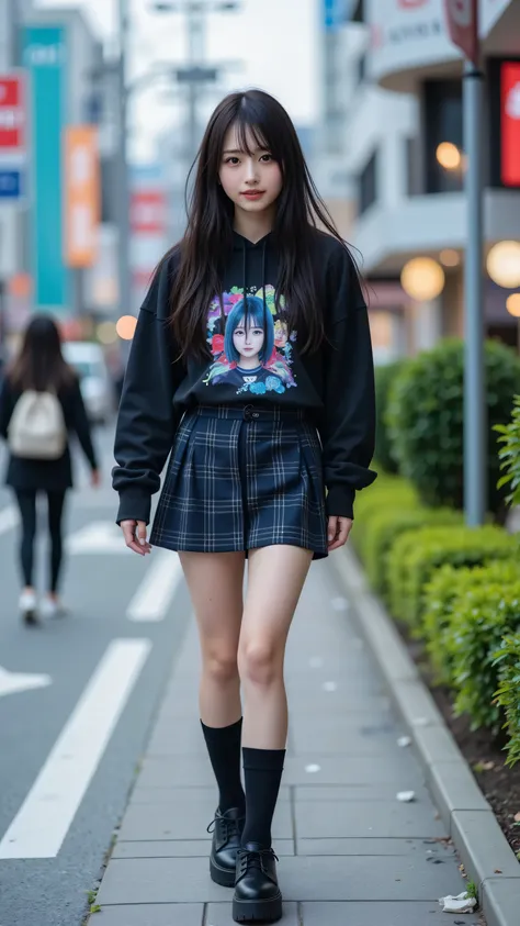 A realistic photo of a young Japanese woman walking on a busy Shibuya street, captured in a full-body shot with a slight motion blur, showing her mid-step with one leg forward. She has long straight dark hair with bangs, fair complexion, and a subtle, chee...