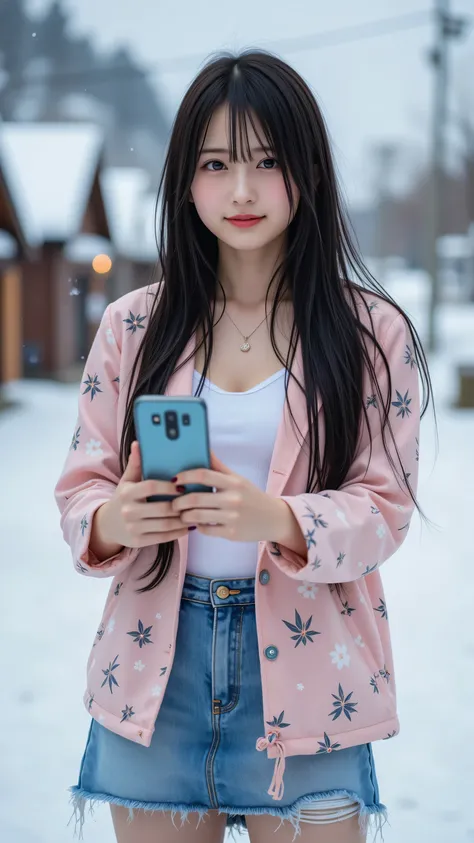 A realistic Galaxy smartphone selfie of an amateur Japanese woman, framed in a close-up zoom angle focusing on her upper body and face (from chest to above the head), taken in a snowy Hokkaido mountain village with blurred snow-covered trees and cabins in ...