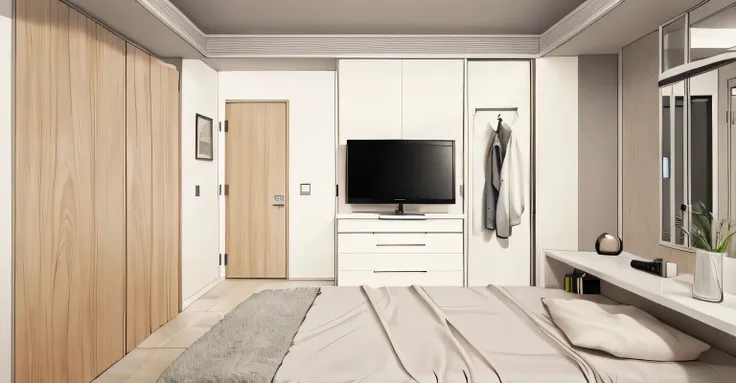 A modern style bedroom，Front TV background Wall mounted TV，Left toilet door，Right dressing room door,Right wall is sliding window cabinet，Left wall is room door and cabinet