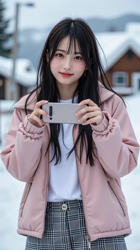 A realistic Galaxy smartphone selfie of an amateur Japanese woman, framed in a close-up zoom angle focusing on her upper body and face (from chest to above the head), taken in a snowy Hokkaido mountain village with blurred snow-covered trees and cabins in ...