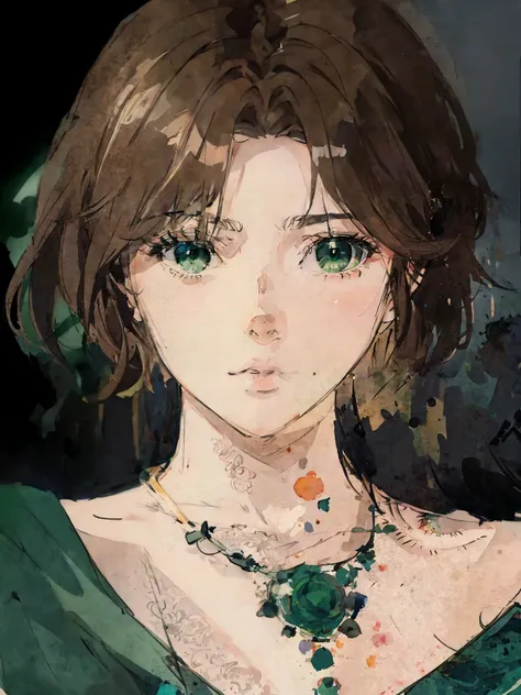 Sketch art style, brown hair, green eyes, 