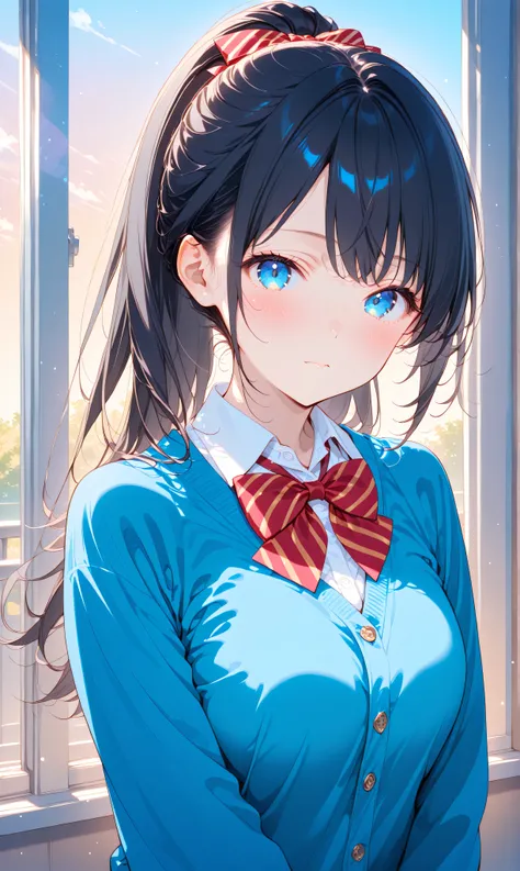 (watercolor:0.4)、( pastel :0.6)、 1girl , Alone, blue eyes, black hair, ponytail, bow, looking at viewer, Cardigan, school uniform, blush, shirt, white shirt, long hair, bowtie, red bow, bangs, closed mouth, collared shirt, upper body, long sleeves, blue...
