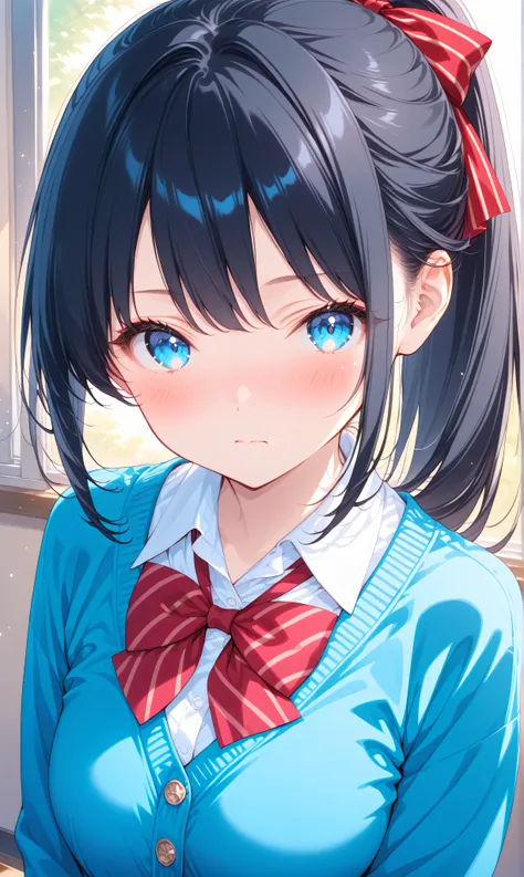 (watercolor:0.4)、( pastel :0.6)、 1girl , Alone, blue eyes, black hair, ponytail, bow, looking at viewer, Cardigan, school uniform, blush, shirt, white shirt, long hair, bowtie, red bow, bangs, closed mouth, collared shirt, upper body, long sleeves, blue...