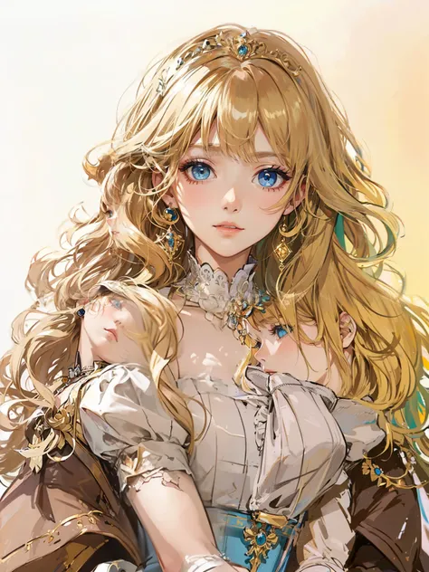 Sketch art style, gold hair, blue eyes, princess dress 