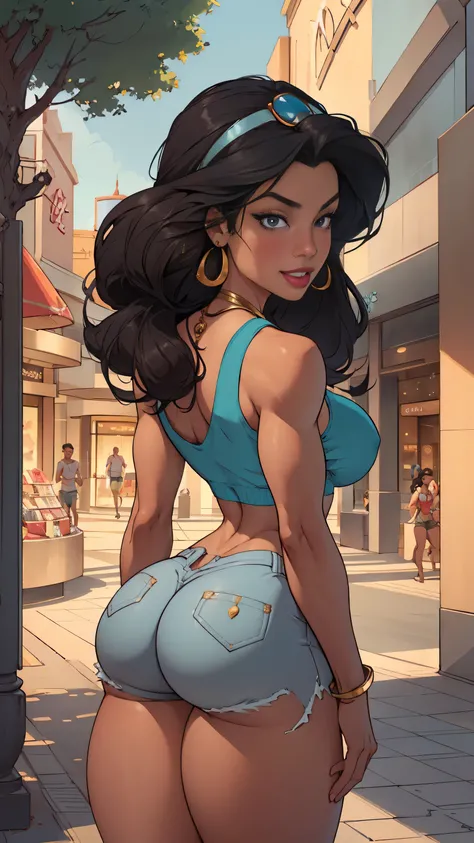 a beautiful Jasmine, Disney princess Jasmine,(casual tanktop and Very ripped hotpants, piercing navel, earring, Rings, bracalets ), detailed portrait, photorealistic, 8K, HDR, physically-based rendering, sharp focus, vivid colors, intricate facial features...