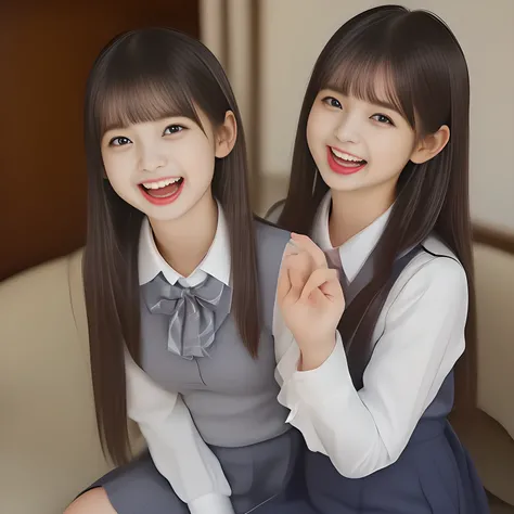 (highest quality, masterpiece, high resolution:1.2), 4K, (Photo quality detailed foreground: 1.2), geometry, ((Two 14yo too beautiful girls), Cute noble beautiful slender girl girly very-long-hair Japanese photo model seated in a white room and looking at ...
