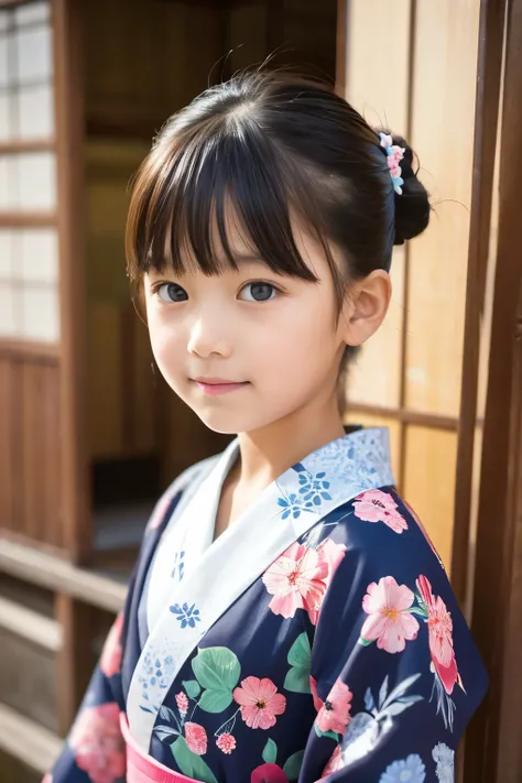 A beautiful elementary school student, one , Floral pattern on kimono 、Bust、I&#39; drinking tea and relaxing 、Top Quality、Hair is black、smile, I'm drinking steaming greentea,bust up, Cherry blossoms in the background , squats,Tight lower body,looking at ca...