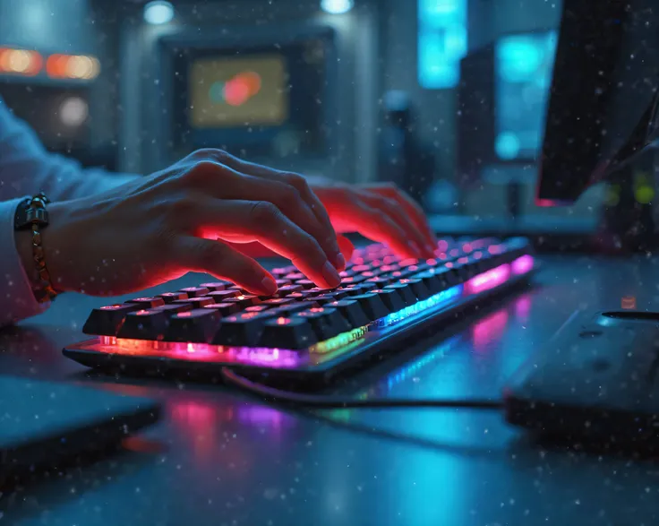 Hyper real hand typing on a sleek mechanical keyboard with RGB lighting in a futuristic workspace