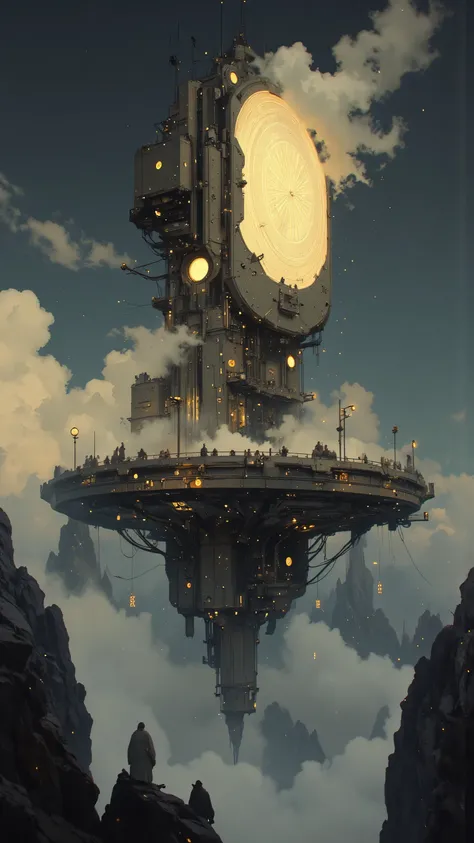 floating cities drift above the clouds、the magical light of the city illuminates the clouds。Surrounding the city、glowing particles dance、the air is filled with mystical energy。city towers and platforms、Moving with the clouds、they perform a fantastic dance。