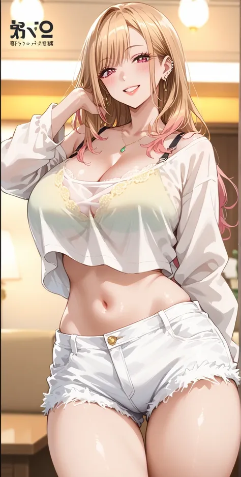 KJOmarin, blonde hair, long hair, pink eyes, earrings, ear piercing, multicolored hair, score_9, score_8_up, score_7_up, source_anime, masterpiece,best quality, huge breasts, flash gyaru, 1girl, shorts, breasts, blonde_hair, solo, one_eye_closed, navel, cr...