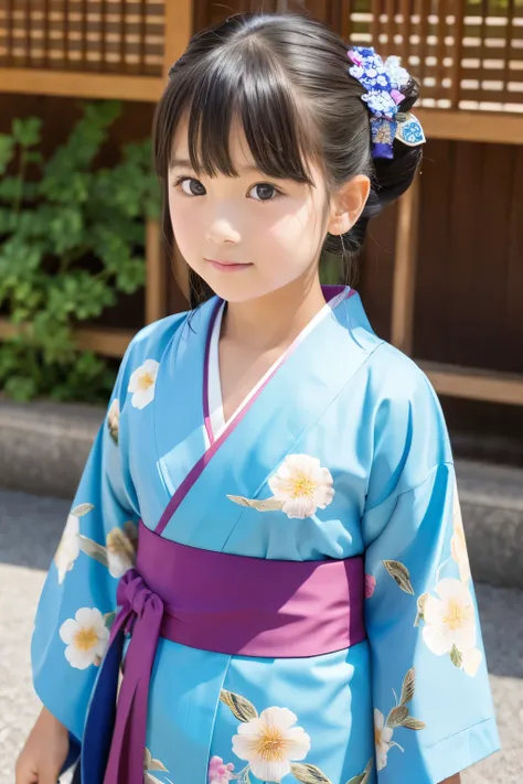 A beautiful elementary school student, one , Floral pattern on kimono 、Bust、I&#39; drinking tea and relaxing 、Top Quality、Hair is black、smile, I'm drinking steaming greentea,bust up, Cherry blossoms in the background , squats,Tight lower body,looking at ca...