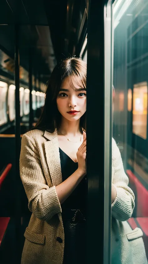 A beautiful and cute woman standing inside a train late at night. She is dressed elegantly, illuminated by the dim, cool-toned lights of the train car. Her expression is calm yet slightly contemplative as she gazes out the window at the passing city lights...