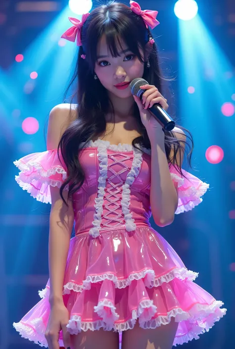 Create a highly detailed, realistic image of a young woman with long, dark hair styled with two small pink bows on either side. She is wearing a vibrant and transparent shinning glossy pink short dress that has a layered, frilly design with white ruffled e...