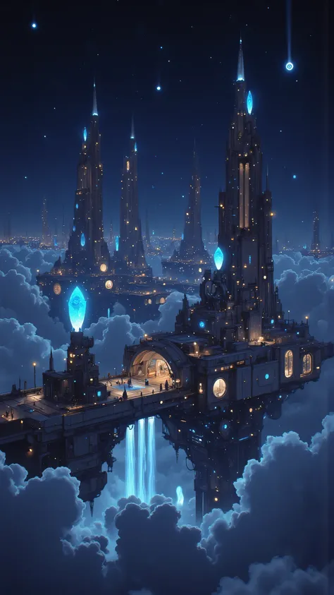 floating cities in the night sky、Star々It shines with。city towers and platforms、illuminated with magical light、空気中にはStarの欠片が舞い散っています。Surrounding the city、clouds spread thinly、create a fantastic atmosphere。