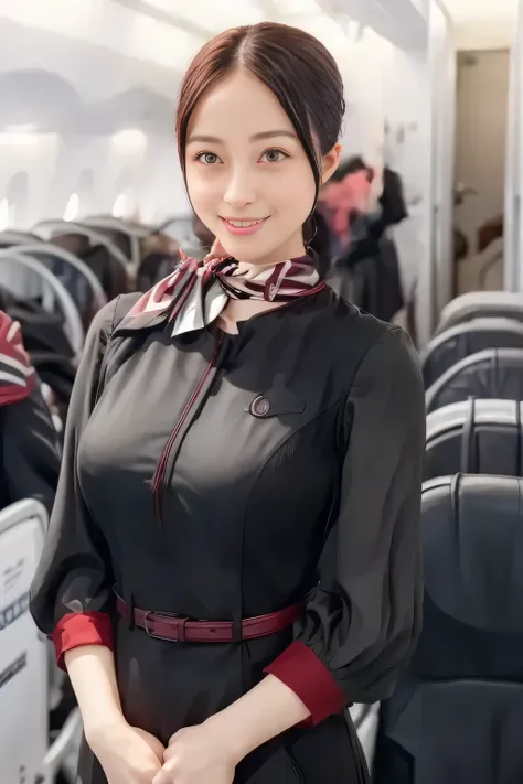 (masterpiece:1.2,  top quality :1.2), 32kHDR,  high image quality , (alone、  1 girl)、（ On board ）、Cabin background、（  wearing a JAL flight attendant uniform   ）、（（ short sleeve jumper skirt in a JAL flight attendant uniform  {x} JAL flight attendant unifor...