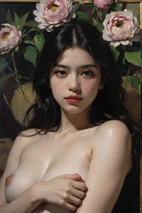 (oil painting:1.5), \\ a woman with (long curtly hair ), ((green eyes)) is lie on the ground, peony, (amy sol:0.248), nude , with dress, (stanley artgerm lau:0.106), (a detailed painting:0.353), (gothic art:0.106)
