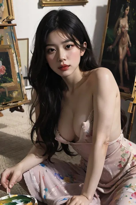 (oil painting:1.5), \\ a woman with (long curtly hair ), ((green eyes)) is lie on the ground, peony, (amy sol:0.248), nude , with dress, (stanley artgerm lau:0.106), (a detailed painting:0.353), (gothic art:0.106)
