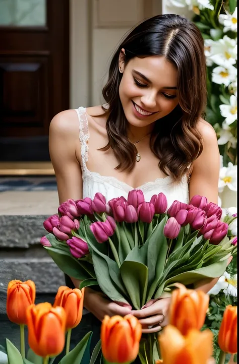 Imagine happy women receiving bouquets of roses and other tulips,  Add a scenario similar to paradise. Also add small phrases referring to women's day where it appears and disappears dynamically 