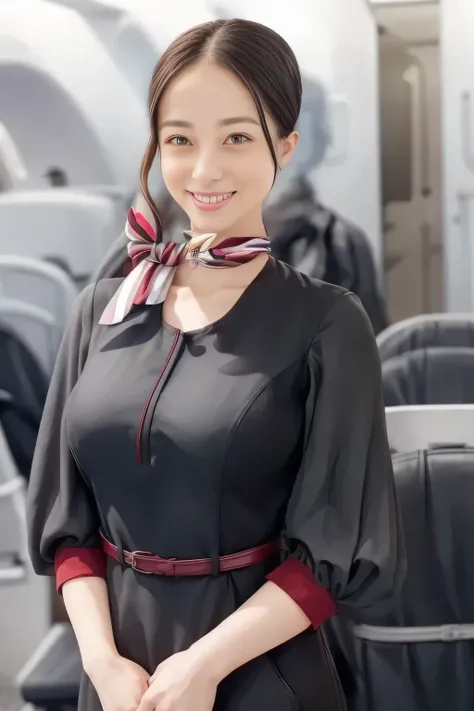 (masterpiece:1.2,  top quality :1.2), 32kHDR,  high image quality  , (alone、  1 girl)、（ On board ）、Cabin background、（  wearing a JAL flight attendant uniform   ）、（（ short sleeve jumper skirt in a JAL flight attendant uniform  {x} JAL flight attendant unifo...