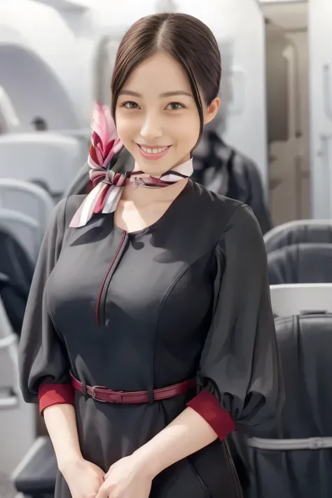 (masterpiece:1.2,  top quality :1.2), 32kHDR,  high image quality  , (alone、  1 girl)、（ On board ）、Cabin background、（  wearing a JAL flight attendant uniform   ）、（（ short sleeve jumper skirt in a JAL flight attendant uniform  {x} JAL flight attendant unifo...