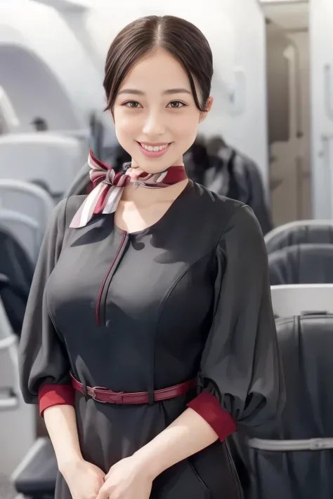 (masterpiece:1.2,  top quality :1.2), 32kHDR,  high image quality  , (alone、  1 girl)、（ On board ）、Cabin background、（  wearing a JAL flight attendant uniform   ）、（（ short sleeve jumper skirt in a JAL flight attendant uniform  {x} JAL flight attendant unifo...