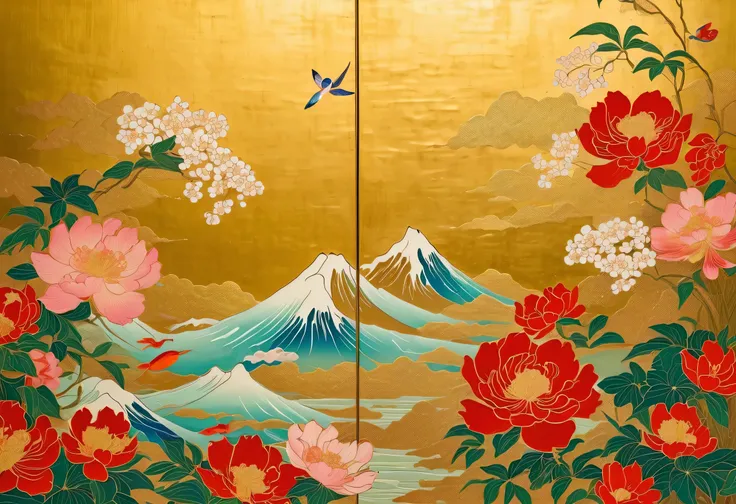 painting of flowers on a folding screen,Japanese painting,Gold mud, watercolor,glitter powder,Shellfish ,folding screen made using traditional techniques,Gold mudに花の絵,maki-e style,The folding screen installed in a temple in Kyoto is very beautiful.、paintin...