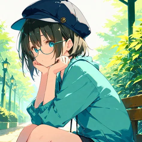 (masterpiece), (best quality), (ultra-detailed),artist:kokonoka, 1girl, short hair, cap, glasses, sitting, outdoors, very aesthetic illustration