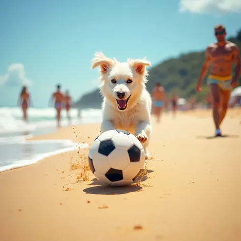 A white dog playing football ball on the beach in Brazil, the picture seems to be taken from a distance be it with people  the beach