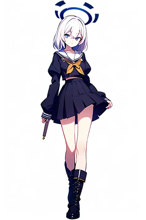 white hair， girl， blue halo， sailor uniform， stands， pure white background， black boots， skirt