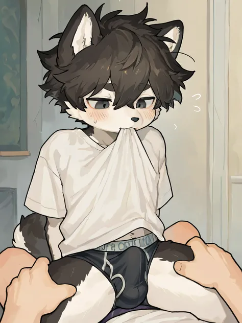  source_ furry, hadrian , furry male， elementary school students，((boy   )),  Dog boy  ，short hair,masterpiece, newest,absurdres, incredibly absurdres, messy hair, cute anthro, Alone，white shirt， A boy  knelt beside the boy , grabbing another's thigh, men'...