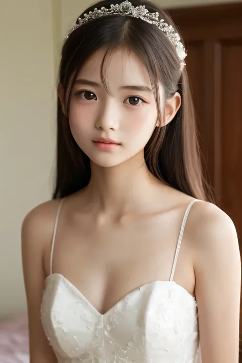 ((best image quality)),(( photo quality)),(perfect face),(delicate),(),(Thin arms),(Young face),thin body, small tits,upper body,bedroom,wedding dress, elementary school student