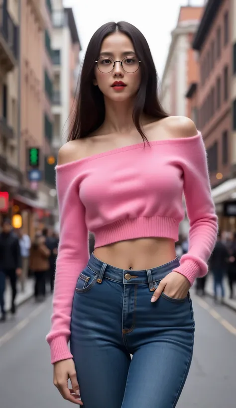 A beautiful woman, standing in the middle of a city street, front facing, use an off-shoulder sweater in pink, long denim pants, big boobs, red lips, slim waist, Using round glasses