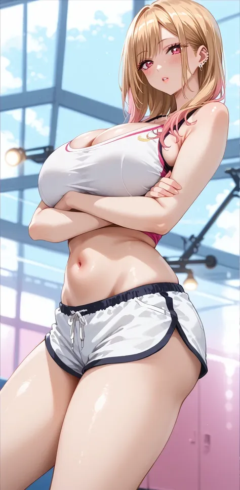 KJOmarin, blonde hair, long hair, pink eyes, earrings, ear piercing, multicolored hair, score_9, score_8_up, score_7_up, source_anime, masterpiece,best quality, huge breasts, flash gyaru, 1girl, breasts, shorts, solo, blonde_hair, navel, kitagawa_marin, cr...