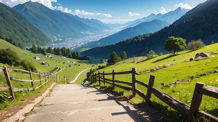 Magnificent mountain scenery, quiet atmosphere, green grass, the way down the mountain to the bottom, along the path is a wooden fence along the way, in the distance there is a small big mountain. 