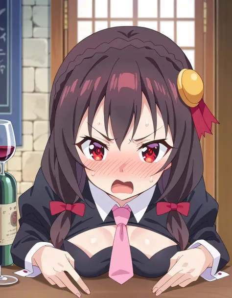 high image quality,high quality、 
Yunyun、 black hair, hair accessory,  red eyes,   Long Sleeve, tie,   Outfit Cutout, clevage cutout, pink tie、See viewer、(blush:1.2)、(drunk:1.2)、(bar)、(I have a wine glass)、 upper body only、 view from above、sweat、(leaning f...