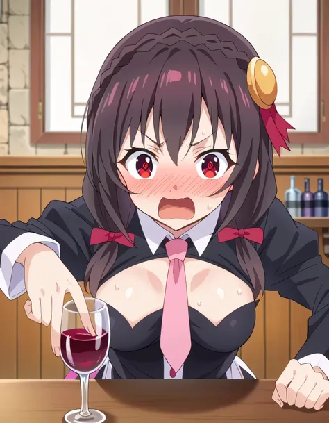 high image quality,high quality、 
Yunyun、 black hair, hair accessories,  red eyes,   Long Sleeve, tie,   Outfit Cutout, clevage cutout, pink tie、See viewer、(blush:1.2)、(drunk:1.2)、(bar)、(I have a wine glass)、 upper body only、 view from above、sweat、(leaning...