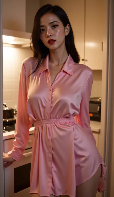 A beautiful woman, standing in the corner of the kitchen, use an oversize sleeping shirt in pink, big boobs, red lips