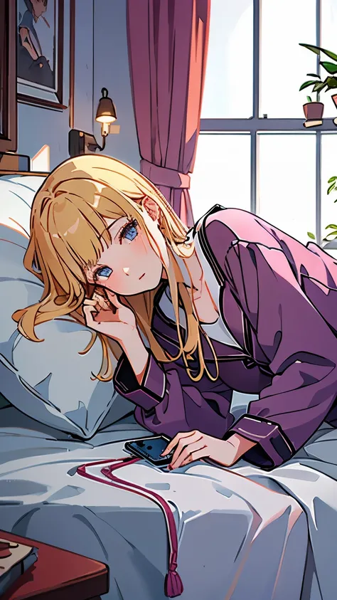 Midnight, A noble girl is wearing pajamas and looking at her phone in bed,  artistic makeup , split bangs, long hair, blonde hair, Lo-Fi color ,