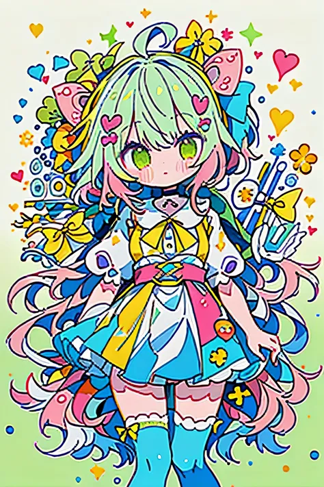 " (masterpiece, best quality), intricate details, cute, cute, (( standing picture )), cute女の子, yellow and light green color scheme、 pink hair、ponytail、big hair ribbon、thigh high socks, Harajuku fashion style、"