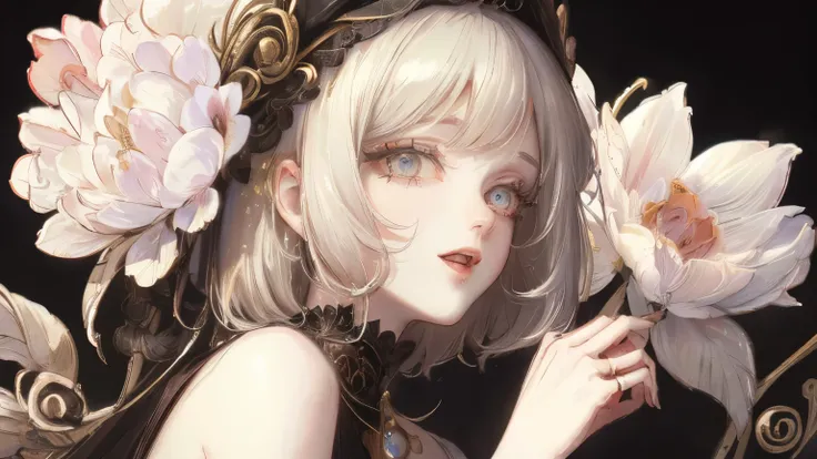 (masterpiece),(top quality:1.2),((Perfect physique in the flower park)),((White Perfect Fingers)),( 1 adult female),((20 years old)), messy silver hair,(highly detailed CG, Super Detail ,best shadow:1.1),dark colored dress,High Resolution, Very Detailed Fa...