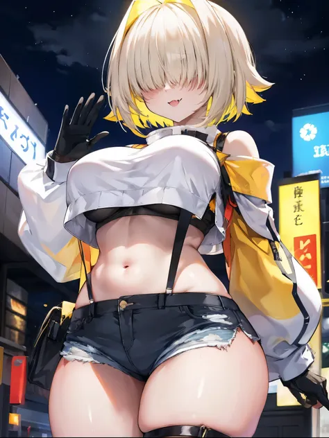 score_9, score_8_up, score_7_up, source_anime BREAK 1girl, solo, elegg, short hair, bangs, hair intakes, multicolored hair, hair over eyes, crop top, bare shoulders, long sleeves, suspenders, midriff, navel, short shorts, thigh strap, multicolored_gloves, ...