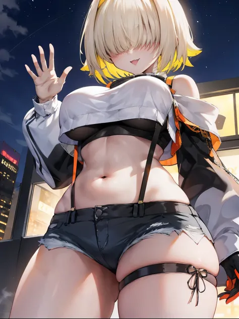 score_9, score_8_up, score_7_up, source_anime BREAK 1girl, solo, elegg, short hair, bangs, hair intakes, multicolored hair, hair over eyes, crop top, bare shoulders, long sleeves, suspenders, midriff, navel, short shorts, thigh strap, multicolored_gloves, ...