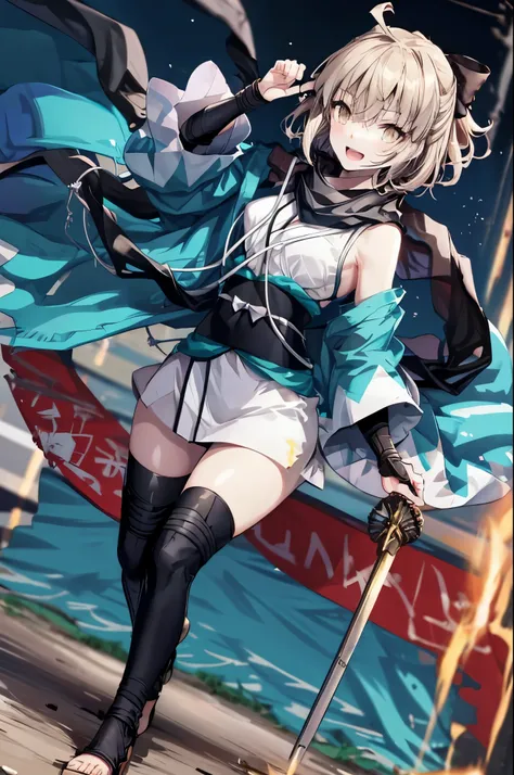 meticulous details, good composition, , cute face, perfect face, perfect hands, 1teen_girl,okita souji \(FGO\), okita souji \(fate\), pale_pink_ponytail,black_bow,sleeveless_white_short_kimono,
 smile,happy,gold_half_eyes, thigh-highs, straw_sandals,medium...