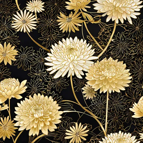 A harmonious Japanese design featuring overlapping chrysanthemums, geometric patterns, and soft gold embellishments on a deep background.