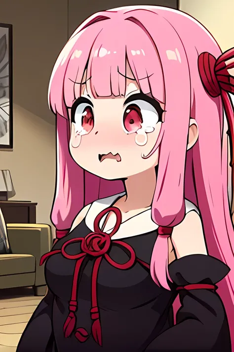kotonoha akane,((hanging eye)),Small eyes,red eyes, iris,(A single fang),round face,hair ribbon,long hair,pink hair,(((big breast))),(chubby),(((black dress:1.5))), detached sleeves, wide sleeves, bare shoulders ,( surprised),(Astonished),(Shed a stream of...