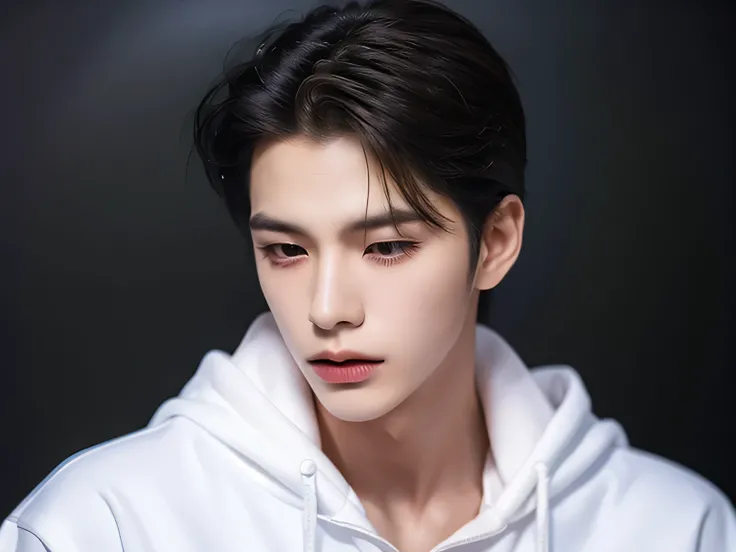 20 year old man, Very handsome , stars of the Korean series, White skin, handsome, classic side part hairstyle, black background, Masterpiece, classroom, a man, Detailed image, clear, Shiny, Very handsome , half body model, Lean down, wearing a white hood...